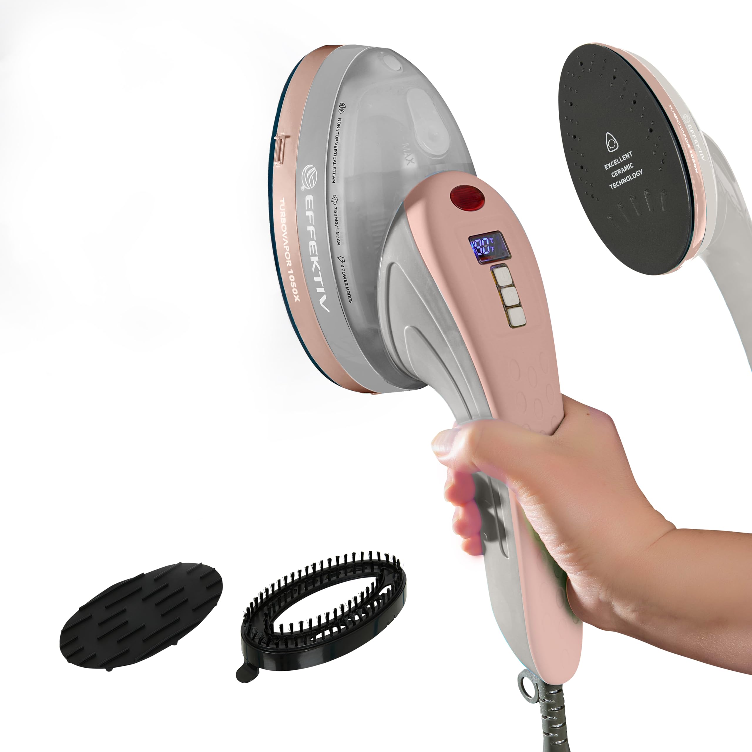 EFFEKTIV Plancha Vapor Vertical 1800W con Bomba Integrada – Plancha Ropa 3 en 1 con Cepillo de Vapor y Centro de Planchado Compacto – Vapor 1.8 Bar – Depósito 250 ml – Cable 3 m – Autoapagado – Rose