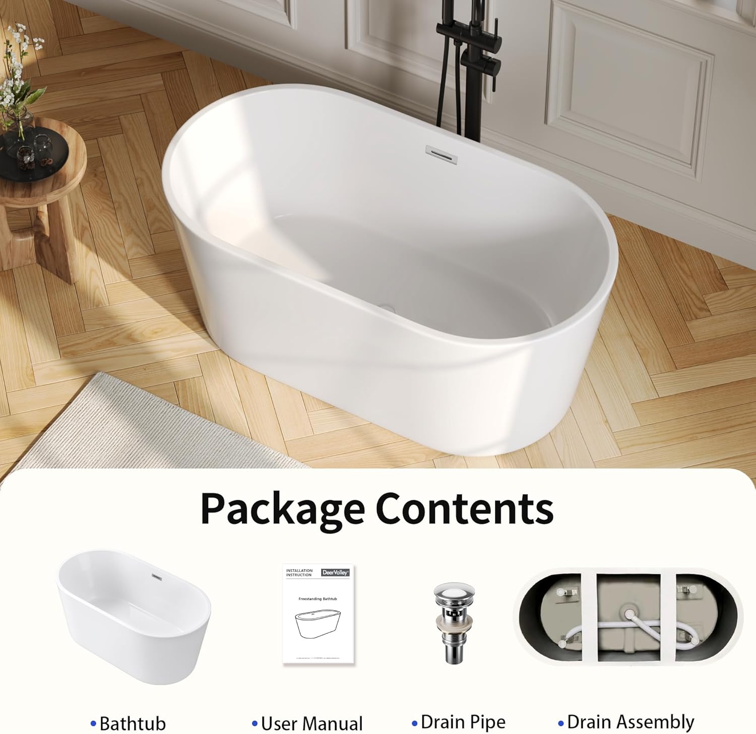 DeerValley 55" Acrylic Freestanding Bathtub, Deep Soaking Tub with Center Drain & Integrated Overflow, White Standalone Shower Tub Ergonomic Design, DV-1T0582