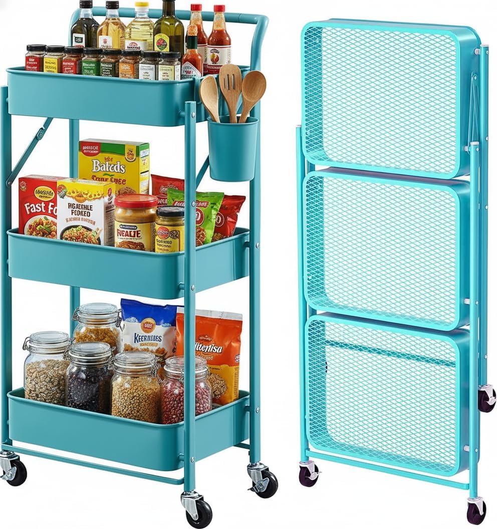 Foldable Rolling Cart 3-Tier Small Foldable Utility Storage Cart Multifunctional Metal Storage Bin Heavy Duty Organizer Carts with Rolling Wheels for Home Office (Turquoise)