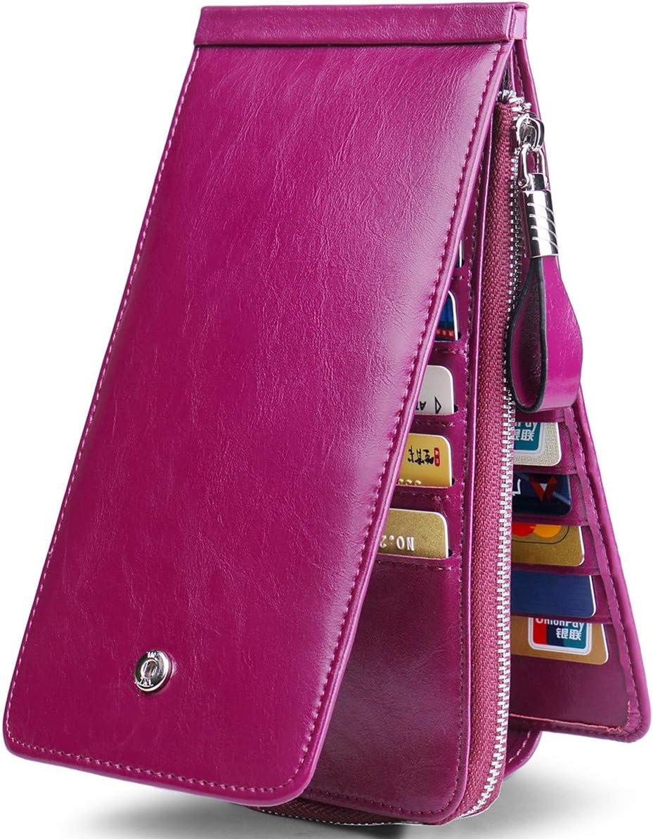 Women's Genuine Leather Credit Card Holder RFID Long Zipper Purse Wallet