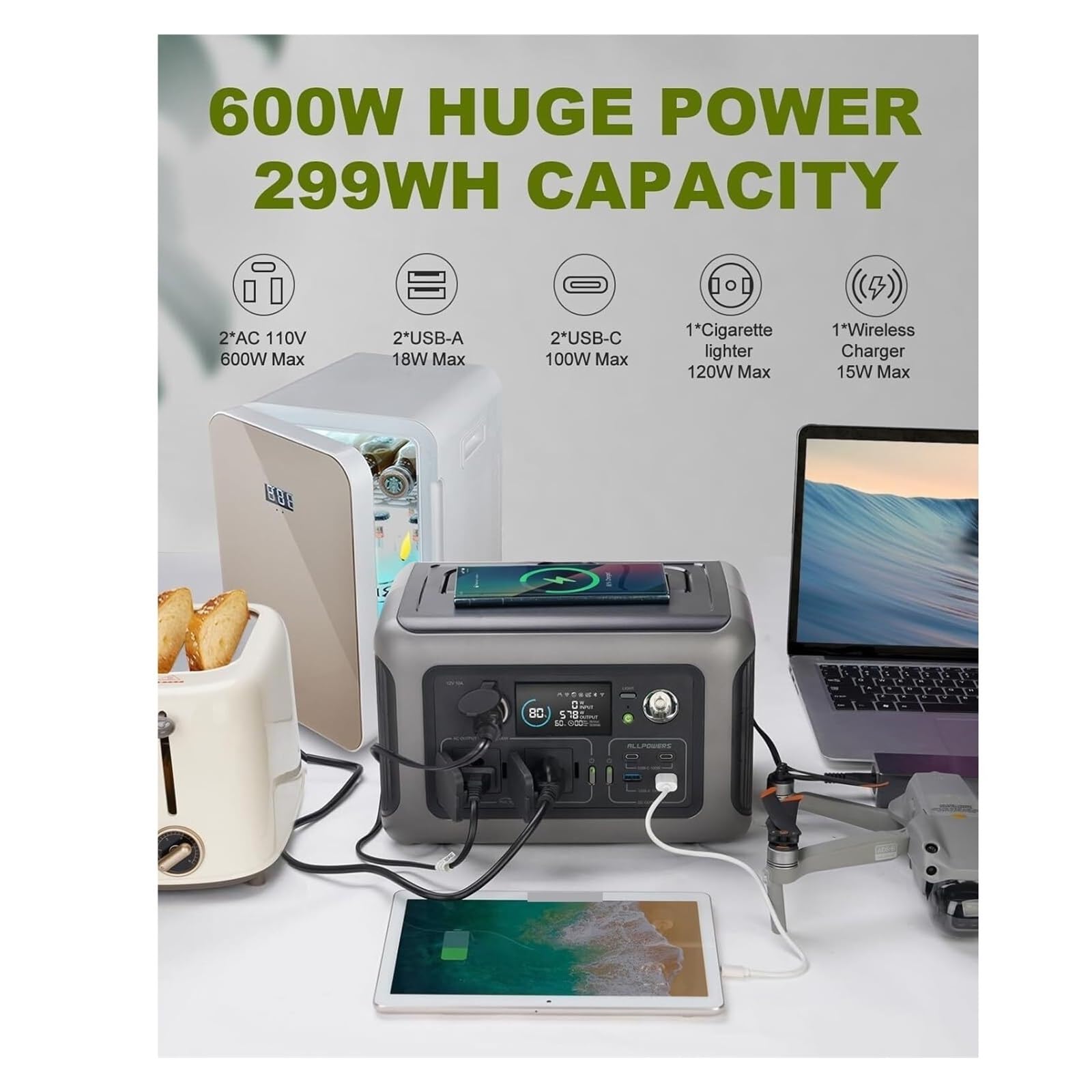 Estación De Energía Portátil R600, Batería LiFeP04 299Wh con 2 Salidas CA 600W (sobretensión 1200W) For Acampar Al Aire Libre, Casa Rodante Ligero Y PortáTil