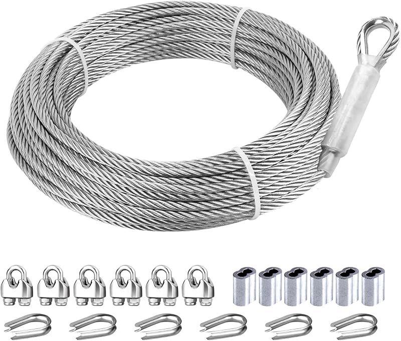 3/16 Stainless Steel Cable, 50ft Wire Rope with M5 Clamps&Thimbles | Pre-Formed Eye Loop, 7X 19 Strands, 3700 lb Break Strength Aircraft Cable Wire for Deck Railing, Shade Sail, Clothesline