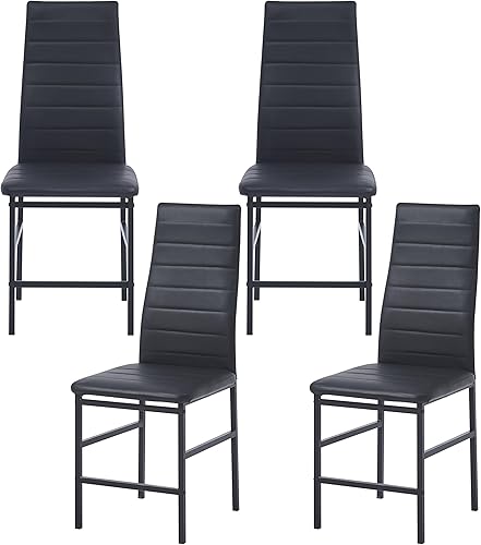 Juego de 4 sillas de comedor de cuero negro, modernas sillas tapizadas de poliuretano para cocina y comedor con respaldo alto y patas de metal para