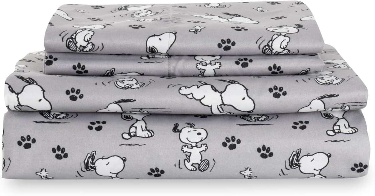 Berkshire Peanuts® Sheet Set Queen Size - 4 Pieces,Cute Character Snoopy Printed Soft Microfiber Bed Sheets,Peanuts Poses and Paws Grey