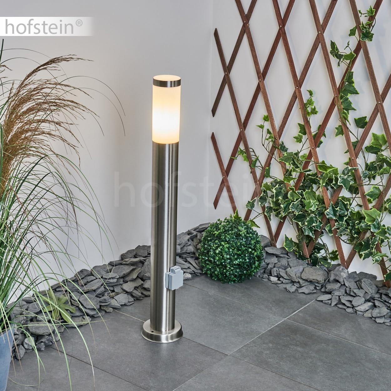 Lampa zewnętrzna Sessa, nowoczesna lampa cokołowa z metalu/tworzywa sztucznego w kolorze niklowo-matowym/białym, gniazdko, lampa ścieżkowa 80 cm, lampa ogrodowa, E27, oświetlenie ogrodowe IP44, bez