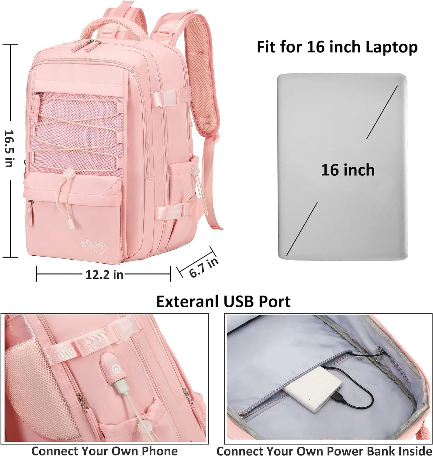 Travel Backpack for Women Men 15.6 Inch Laptop Backpacks with USB Port Carry on Backpack Flight Approved Large Back Pack College Bookbags Outdoor Sports Hiking Rucksack Casual Daypack (Pink,15.6 Inch) - Image 5