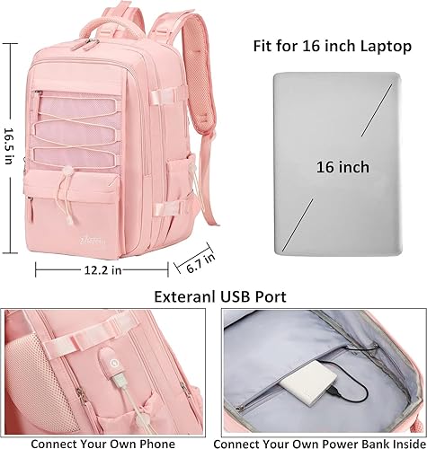 Miniatura 6 de AO ALI VICTORY Mochila de viaje para mujeres y hombres, mochilas para laptop con puerto USB, mochila grande para escuela, universidad, Rosado,