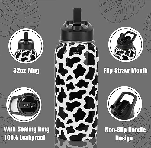 Miniatura 4 de Botella de agua con estampado de vaca con pajitas, botella deportiva aislada al vacío de doble pared, taza térmica de viaje, vaso de acero