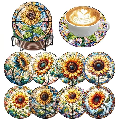 ijbnhd 8 PCS Sunflower Diamond Painting Coasters Sunflower Diamond Art Coasters with Holder DIY for Adults, 5D Diamond Crafts Supplies (Cork Wooden Pad)