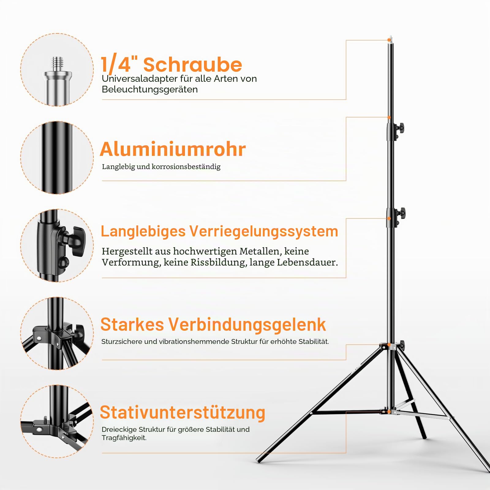 EMART Lichtstativ Heavy Duty 2,6 m, Aluminium Light Stand mit 1/4"-Gewinde, Max. Belastbarkeit 10 kg für Fotografische Beleuchtung, Softboxen, Blitzlicht - 2 Stück