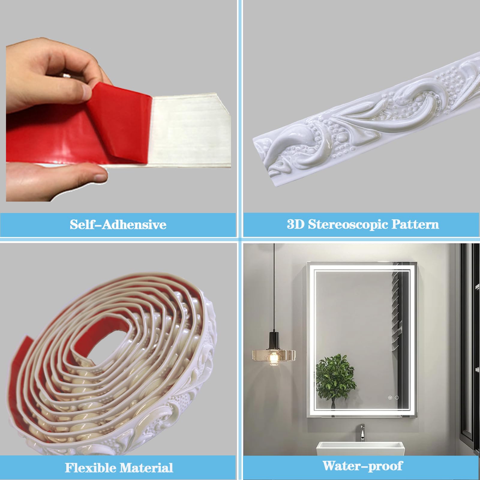 Modanatura 3D Autoadesiva Per Pareti - Schiuma XPE, 230x5x0.4 Cm, Bianco, Decorazione Fai Da Te - Foto 5