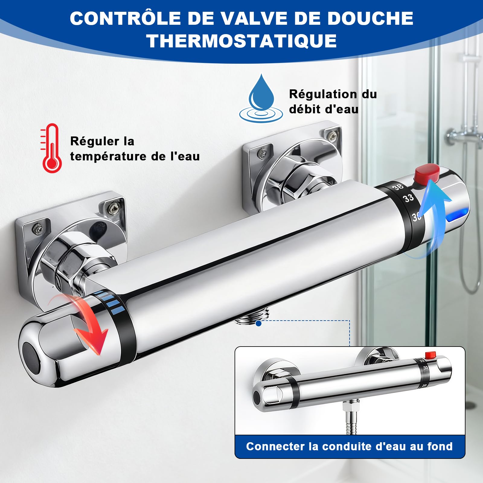 Mitigeur Douche Thermostatique, 135-160 mm Universel Robinet Douche Laiton Thermostatique avec Bouton Sécurisé à 38°C de Douche Chromé Mitigeur Thermostatique