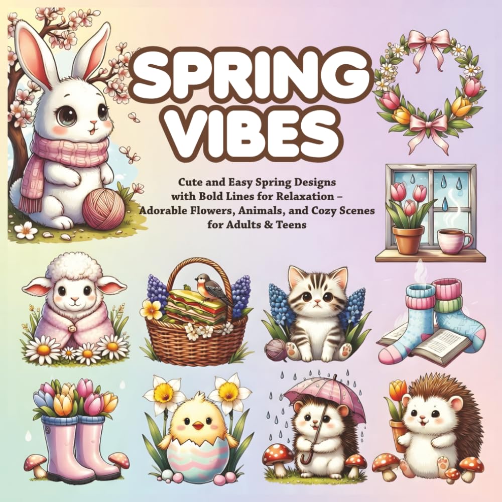 Spring vibes Coloring Book: Cute and Easy Spring Designs with Bold Lines for Relaxation – Adorable Flowers, Animals, and Cozy Scenes for Adults & Teens