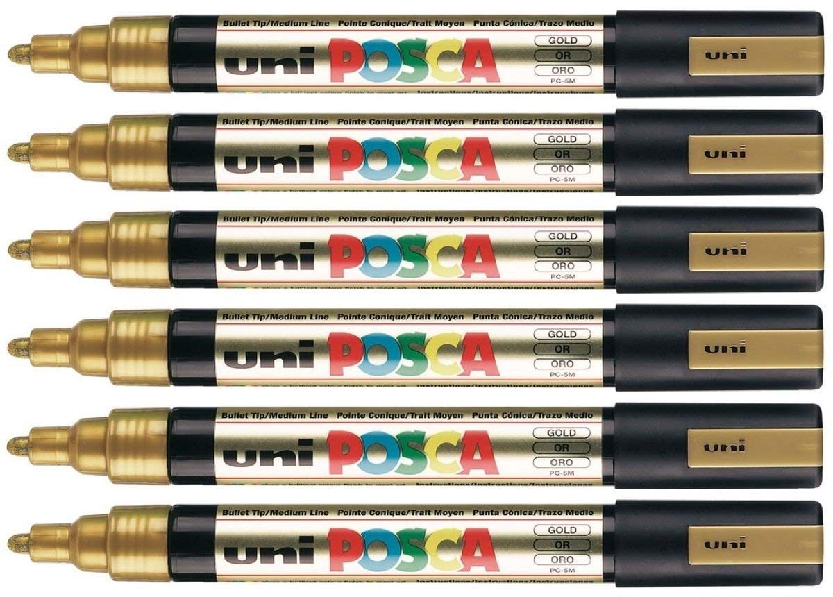 Uni Posca PC-5M Color Dorado Rotuladores de Pintura 2.5mm Medio Punta Redonda Punta Escribe en Cualquier Superficie Vidrio Metal Madera Plástico Tela (Paquete de 6)
