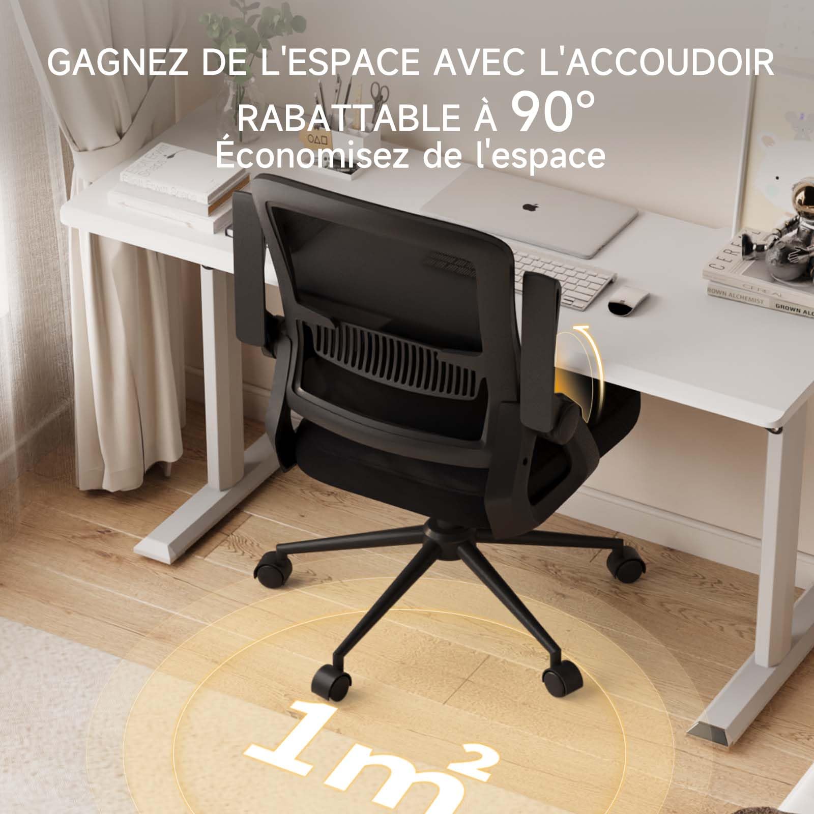naspaluro Chaise Bureau Ergonomique avec Accoudoirs Pliants,à Hauteur Réglable Chaise de Bureau, Ergonomique en Maille Respirante avec Soutien Lombaire,Roulette Pivotant à 360°, Noir