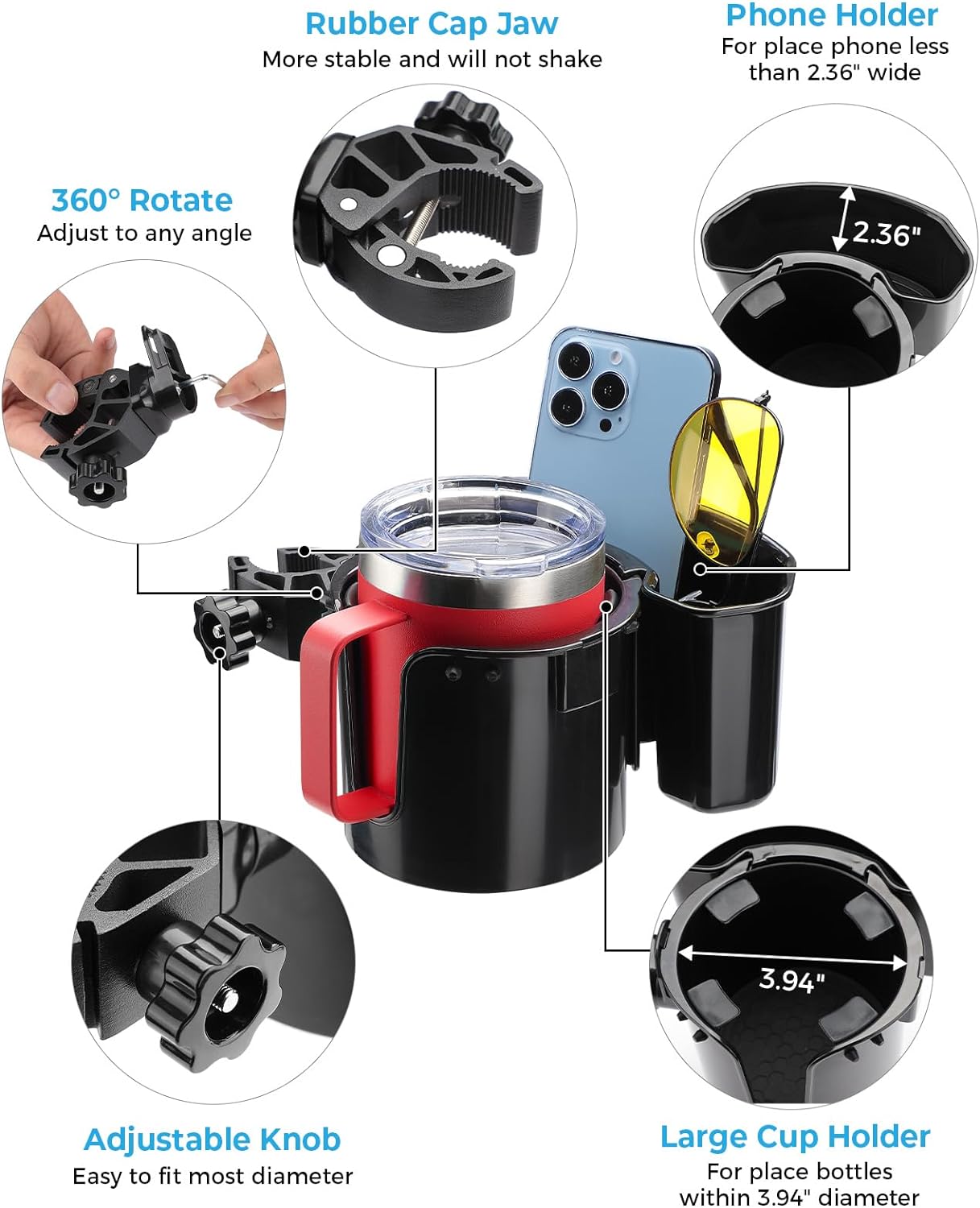 JOYTUTUS Wheelchair Cup Holder, 2-in-1 Walker Cup Holder with 6.4'' Large Storage Box, Drink Holder for Bottle with Handle, Fit for Wheelchair, Walker, Rollator, Stroller, Camper, Golf cart (Large) - Image 6