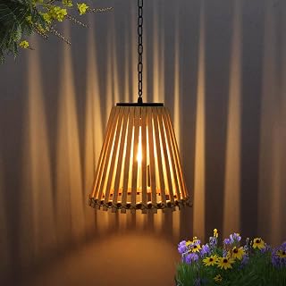 Outdoor Solar Hanging Lanterns Light-Natural Bamboo Woven Decorative Solar Rattan Pendent Chandelier Light Lantern with Edison Bulb for Patio Garden Landscape Pathway Yard Wedding
