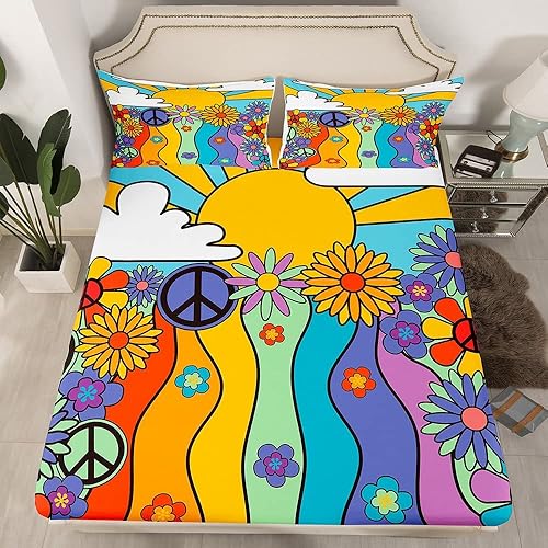 Miniatura 2 de Erosebridal Juego de sábanas bajeras bohemias con diseño de sol y luna y paz, sábanas de flores geniales de los años 60 y 70, funda de cama de