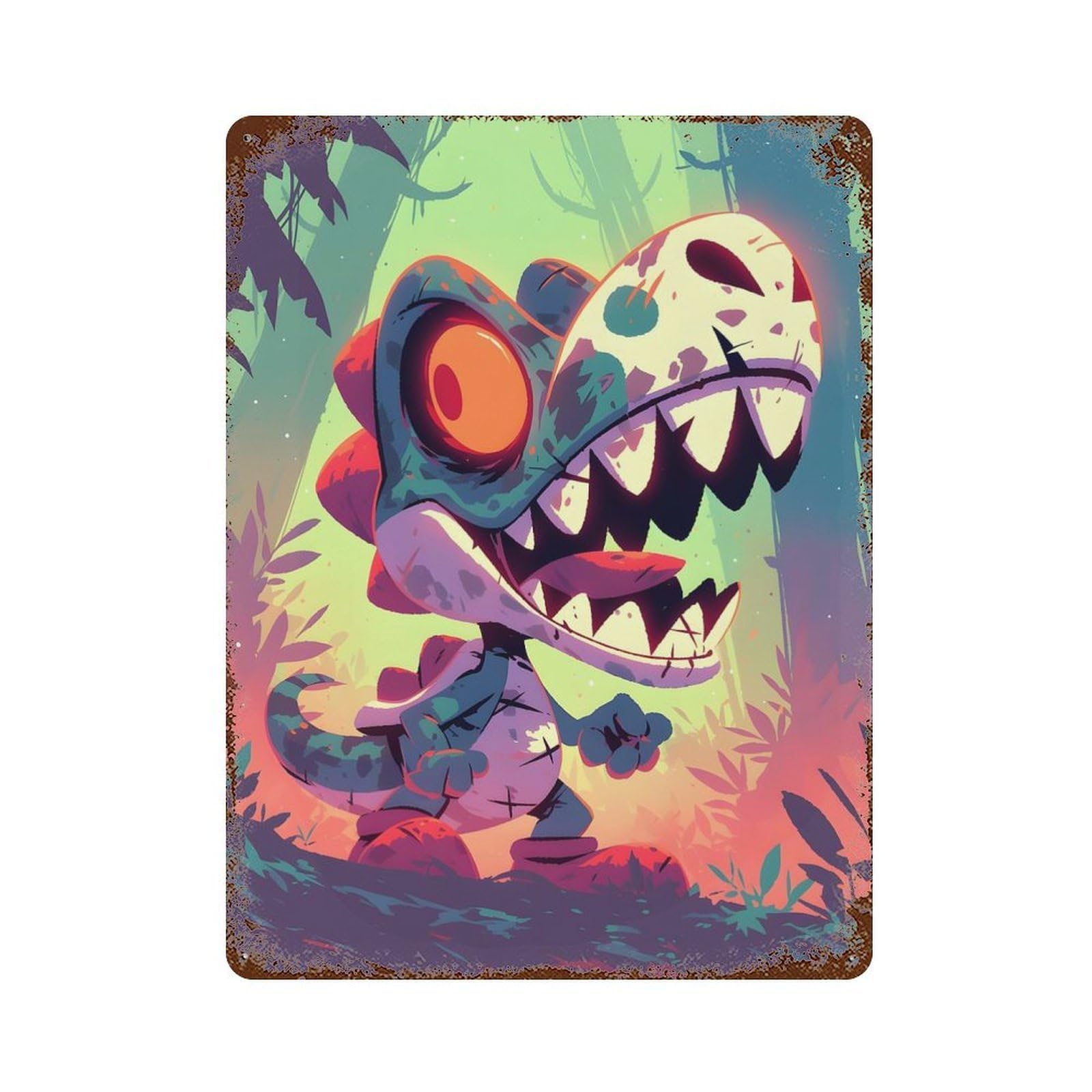 Cartoon Dinosaur in Jungle Halloween Decorative Tin Sign 15.7"x11.8", Retro Wall Decor for Basement, Hobby Room And Garage Decor