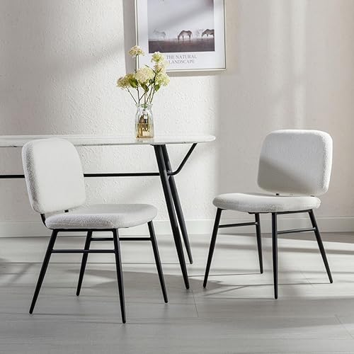 Miniatura 3 de HEAH-YO Juego de 2 sillas de comedor modernas, tapizadas de tela de lana de cordero con respaldo y marco de metal negro, cómodas sillas sin brazos