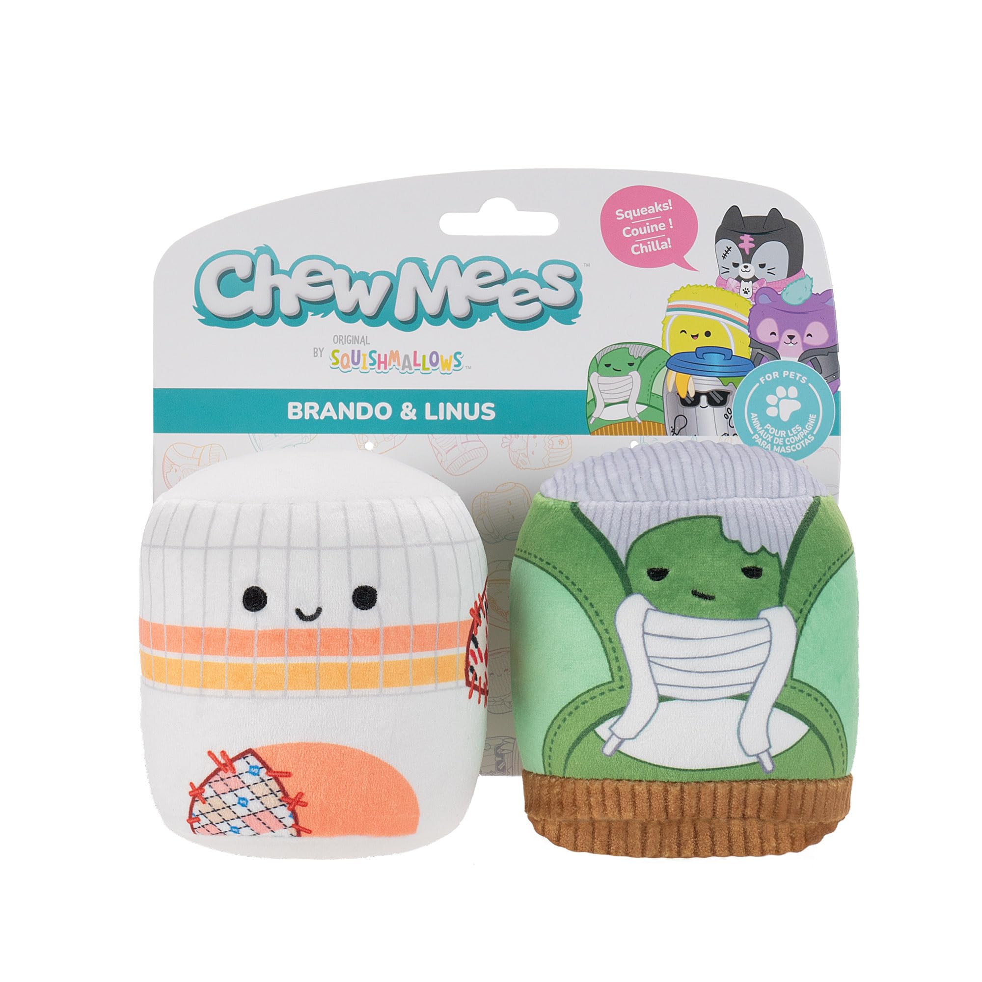Squishmallows Chewmees 3.5-Inch Brando Shoe + Linus Sock Pet Toys - Chew Mees by Original Pet Toy 2 pieces