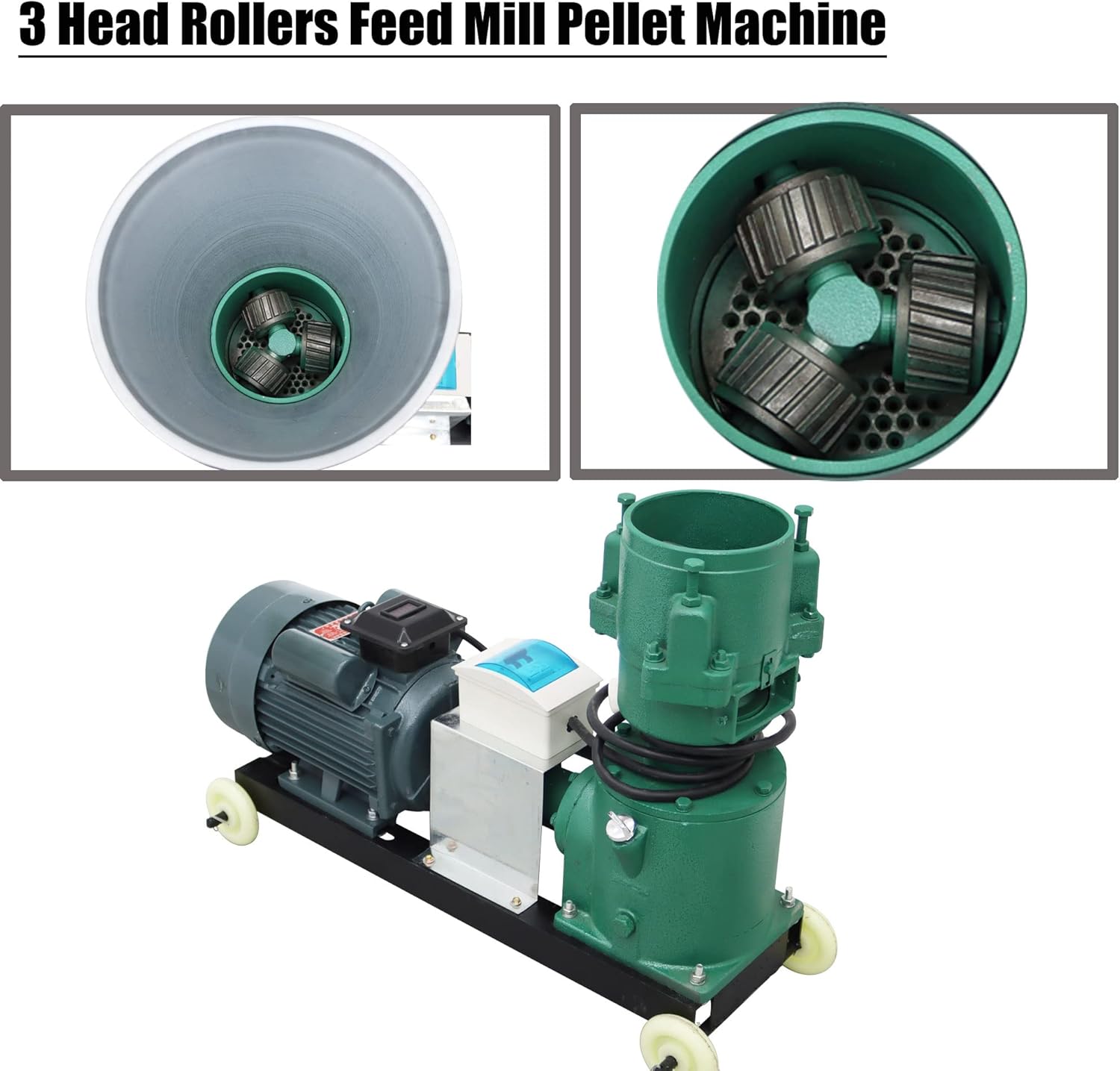 Animal Feed Mill Pellet Machine Chicken Feed Grinder Granulator Farm Electric Food Mill Grinder 3 Head Rollers 3MM Holes Plate 220V