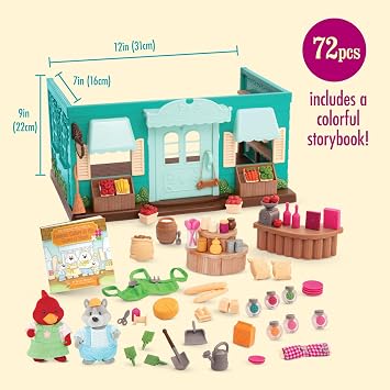 Li'l Woodzeez General Store Dollhouse Playset, 72 Pieces Storybook, Medium | Honeysuckle Hollow store with 2 posable animal figures, 1 storybook, counter, furniture and accessories, Playsets, 3+ Years