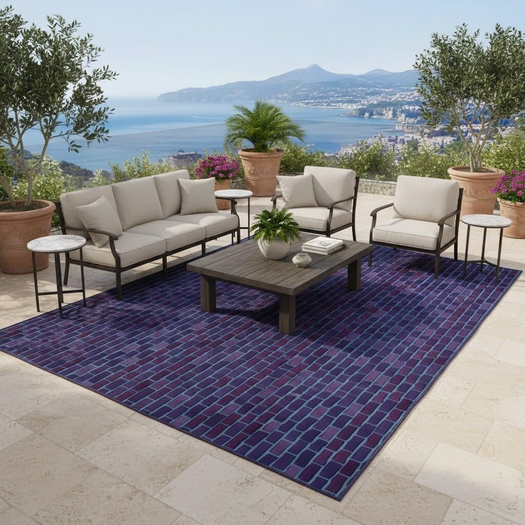 Dark Purple Funky Stone Textured Waterproof Thin Outdoor Area Rug for Patio Deck Porch Balcony Entrance Backyard Garden Camping Low Pile Carpet Non Slip Durable Washable Outside Art Carpets 3x5