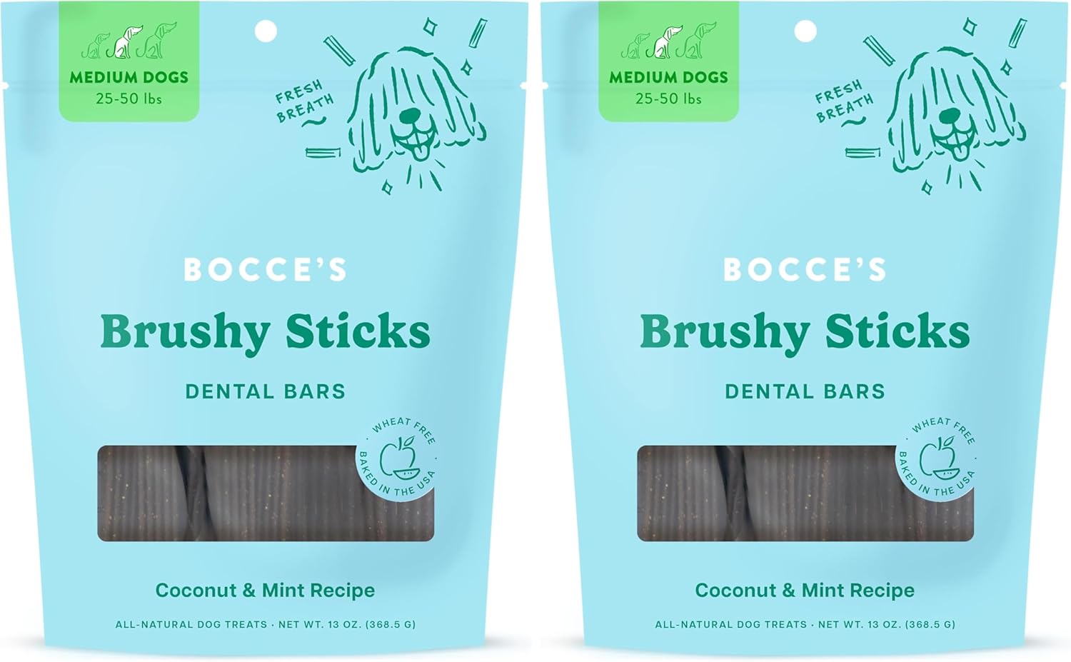 Bocce’s Bakery Dailies Brushy Sticks to Support Oral Health & Fresh Breath, Wheat-Free Dental Bars for Dogs,Made with Real Ingredients, Baked in the USA, All-Natural Coconut & Mint Recipe, (Pack of 2)