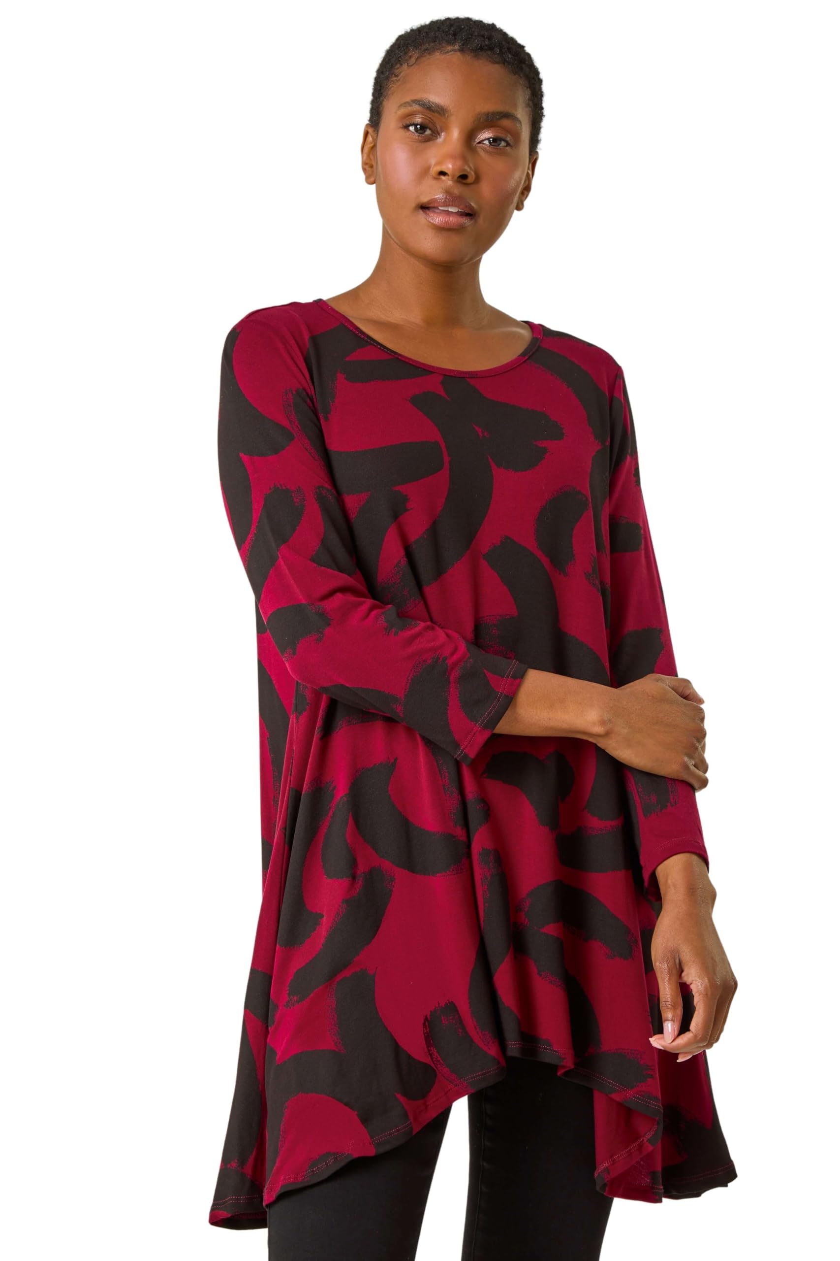 Roman Originals Hanky Hem Tunic Top for Women UK - Ladies Longline Blouse Asymmetric Hemline Casual Slouch Loose 3/4 Sleeves Round Neck Relaxed Comfortable Holiday - Wine & Black - Size 10