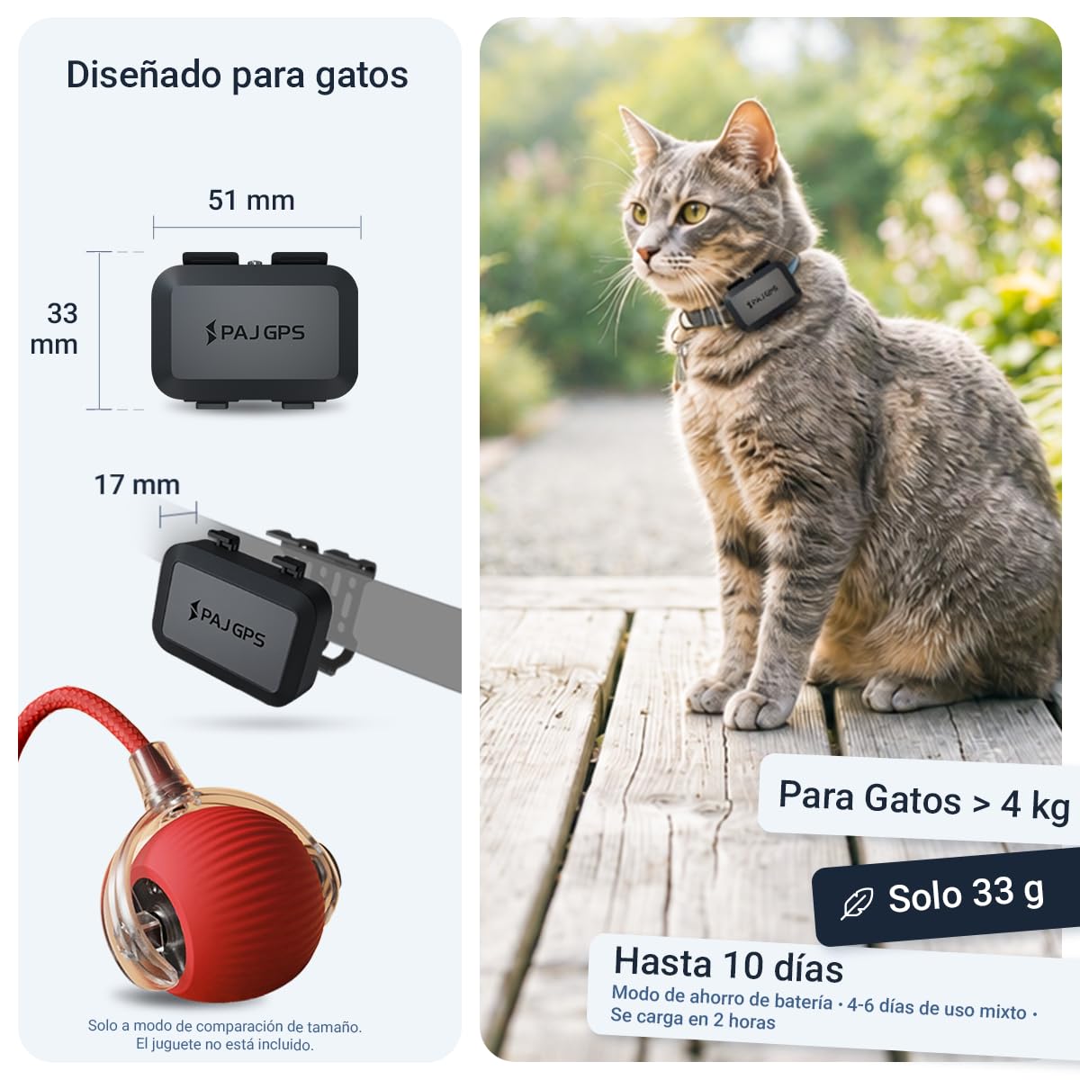 PAJ Localizador GPS Mini para Gatos, Incl. 3 Meses de Suscripción Premium | Tamaño reducido - Seguimiento en Vivo/Alarmas de Fuga - Compatible con Collares y Arneses - Impermeable - Alertas en App