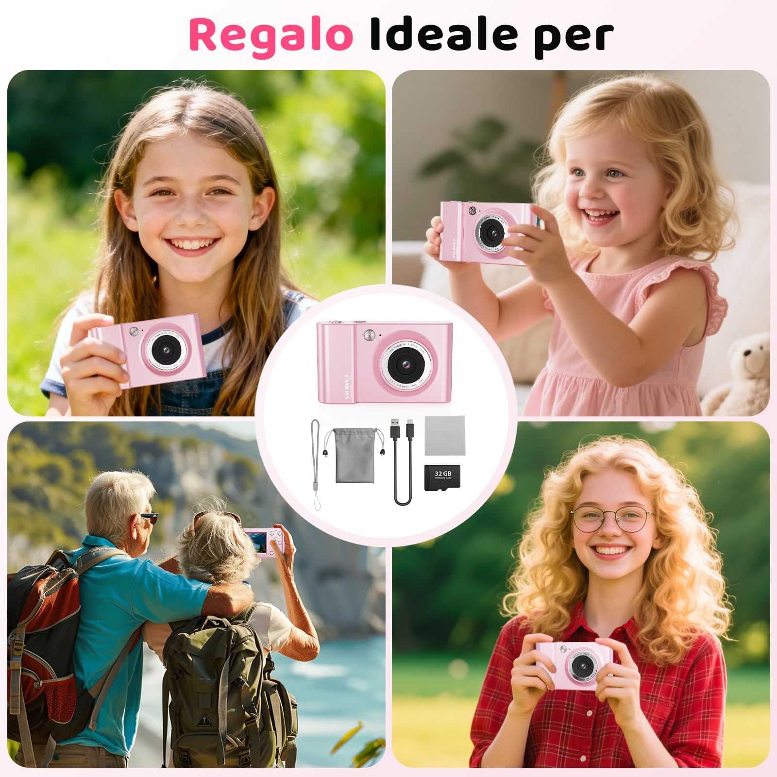 CHAKEYAKE Fotocamera Digitale, 4K 64MP Fotocamera con Zoom Digitale 18X, Schermo LCD Da 2,4", Autofocus, Scheda 32 GB, Filtri, Fotocamera Portatile per Bambini, Adolescenti, Vlogger Principianti, Rosa