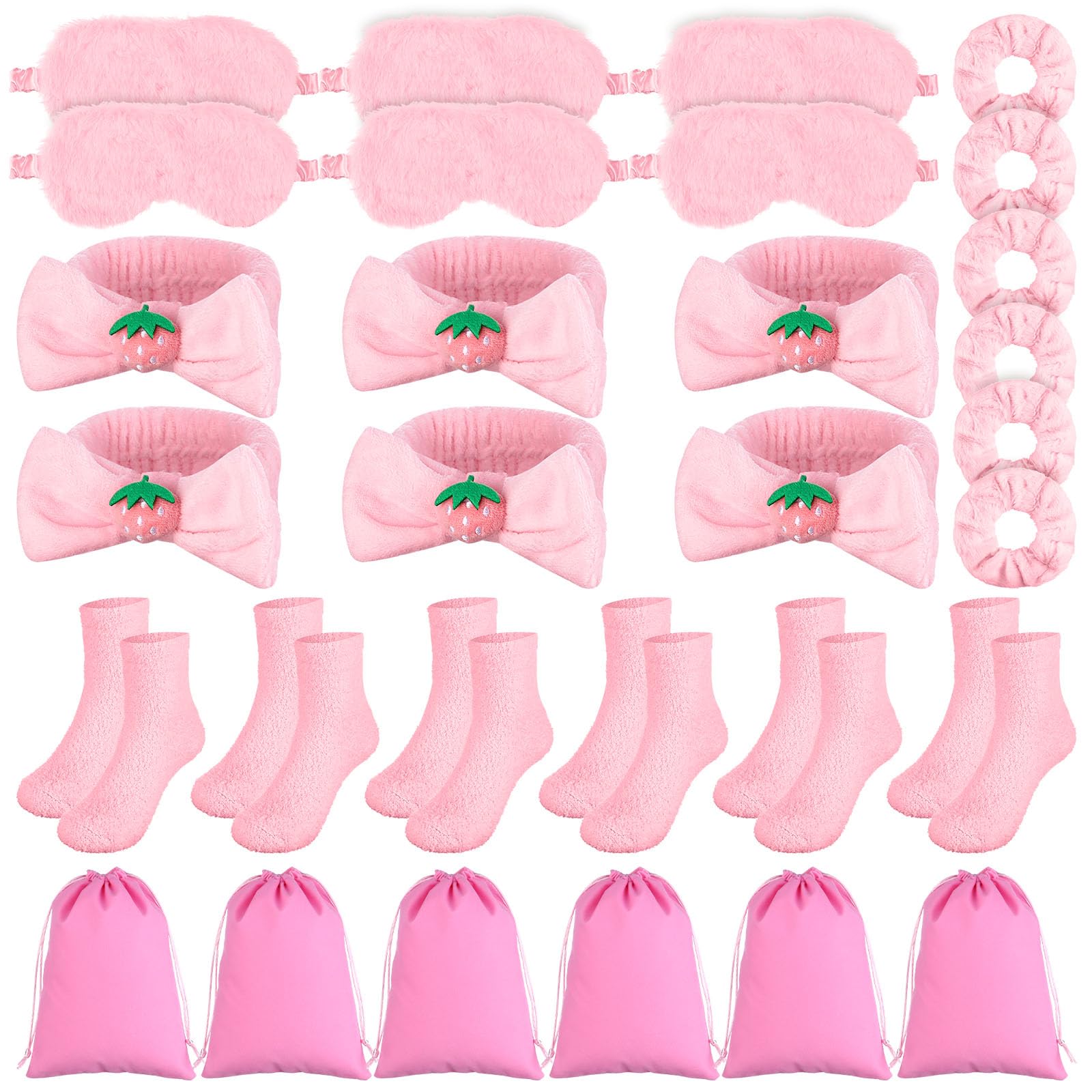 30 Pcs Girls Spa Sleepover Party Supplies Pamper Party Essentials 6 Pink Strawberry Bow Headband 6 Velvet Scrunchies 6 Plush Sleep Eye Mask 6 Pair Sock for Women Slumber Favors Valentine's Galentine‘s