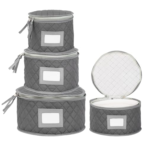 Fine China Storage - Set of 4 Quilted Cases for Dinnerware Storage. Sizes: 12' - 10' - 8' and 7' Wide - Gray - 48 Felt P