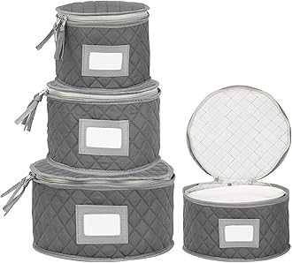 Fine China Storage - Set of 4 Quilted Cases for Dinnerware Storage. Sizes: 12" - 10" - 8.5" and 7" Long - Gray - Quilted Fabric Container with 48 Felt Plate Separators Included
