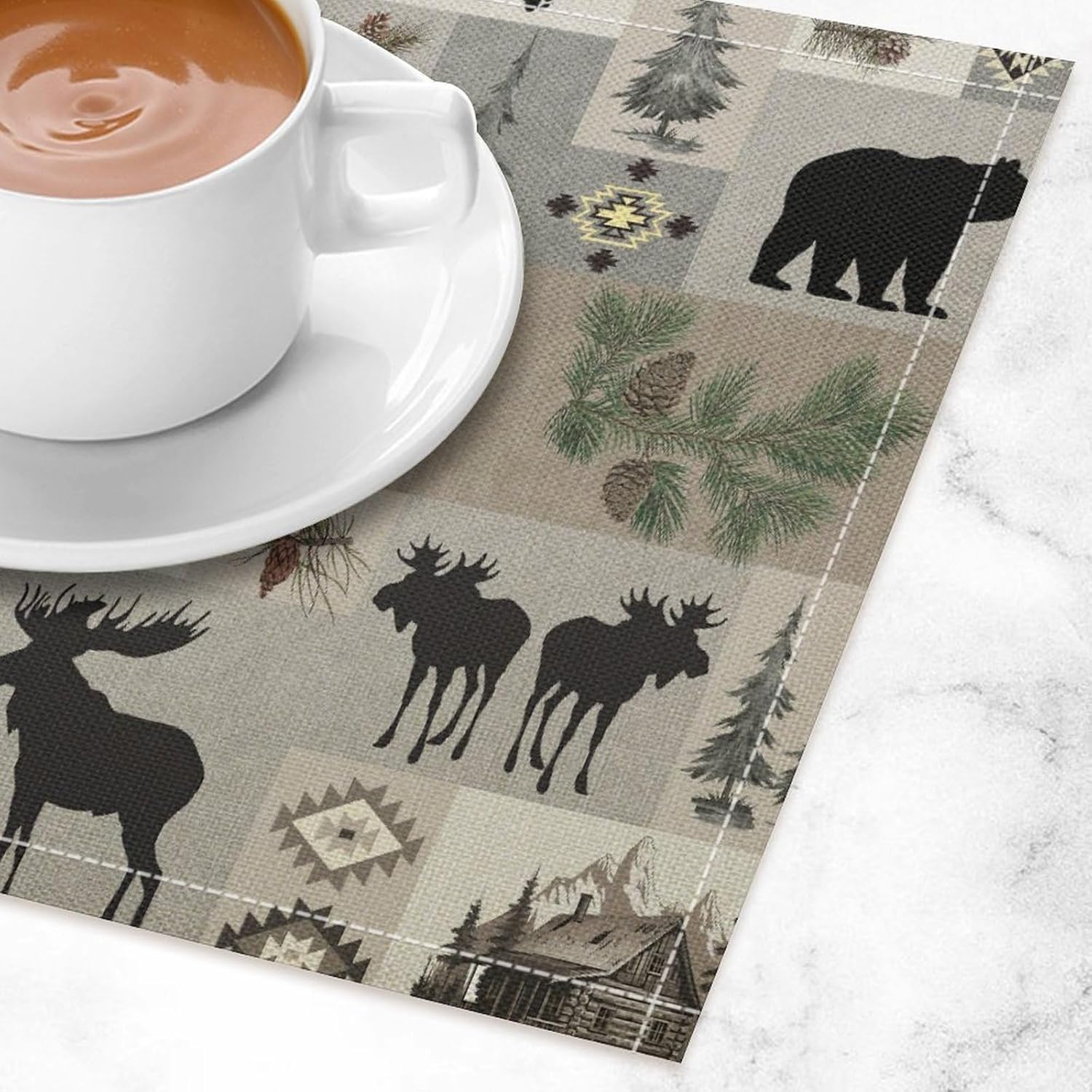 Retro Rustic Lodge Bears Deer Placemats Set of 6, Vintage Cabin Pine Tree Farmhouse Country Style Place Mats, Heat Resistant Non Slip Cotton Linen Dining Table Mats for Home Kitchen 18x12 Inch