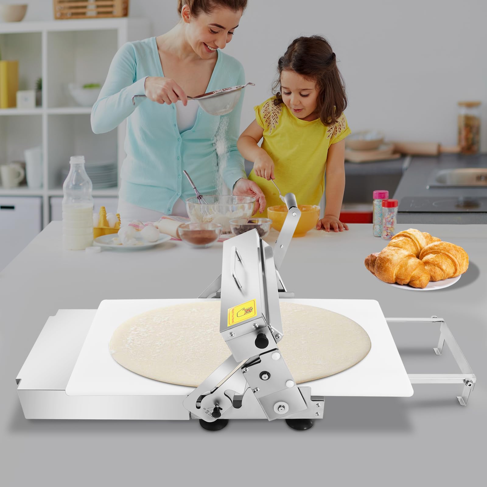 Teigausrollmaschine, Edelstahl Manuell Teigausrollmaschine mit Einstellbarer Dicke, Pizza Teigausroller, Pizzateigroller, Manuelle Teigstärke, für Geschäfte und Food Courts