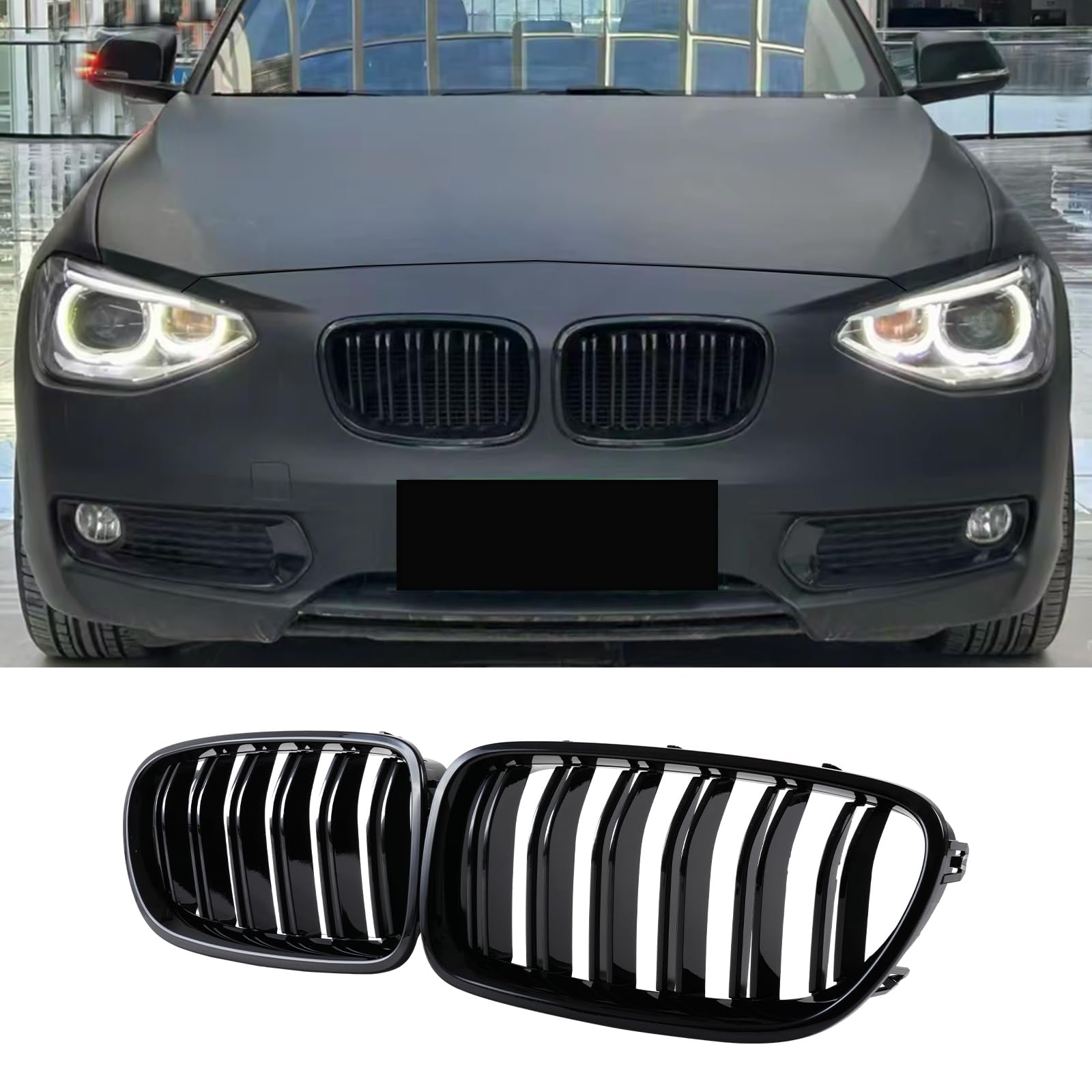 Griglia Paraurti Anteriore Nera Lucida Compatibile con BMW Serie 1 F20 F21 Facelift 2011 2012 2013 2014 (For 1er F20 2011-2014)