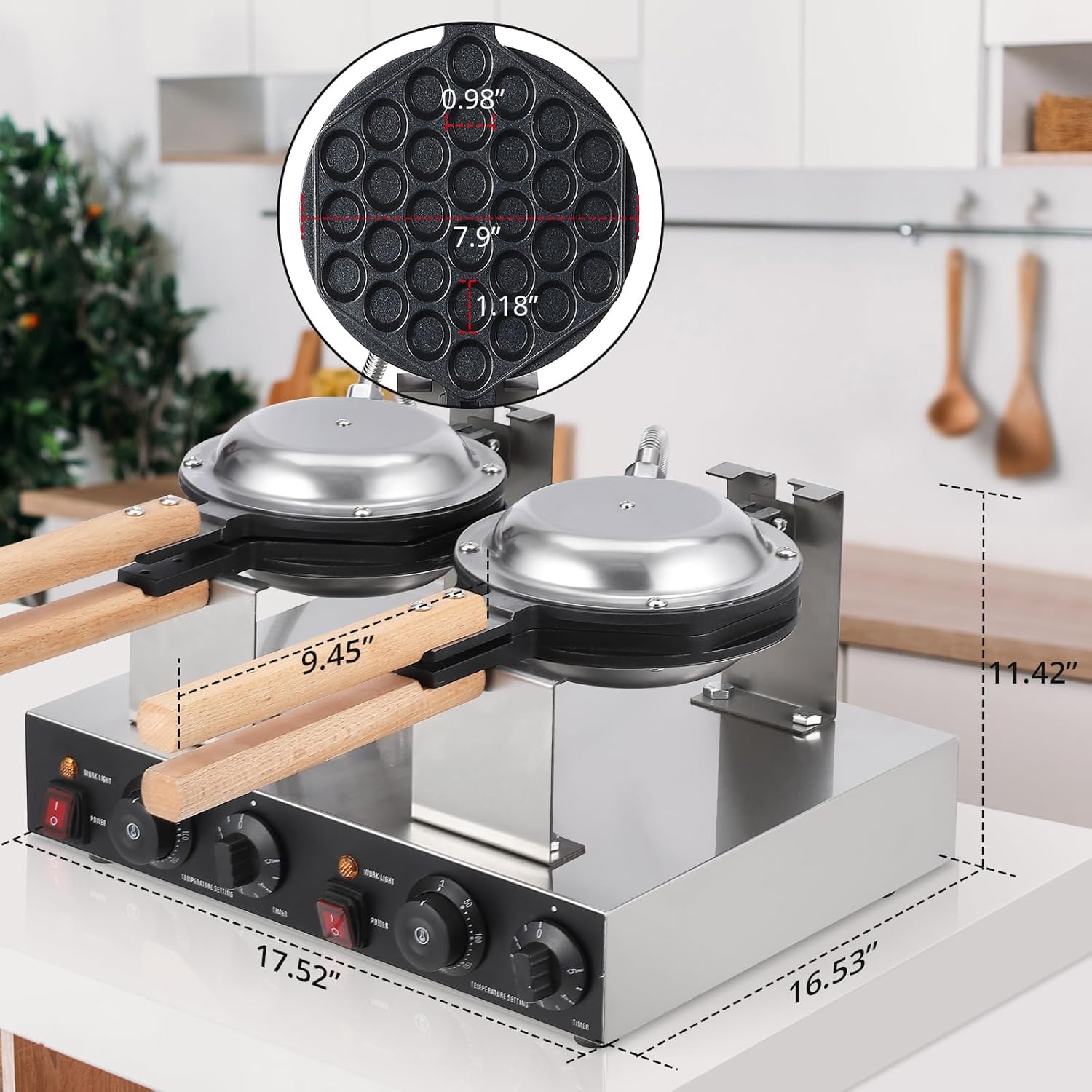 2800W Double Waffle Maker, Commercial Bubble Waffle Maker Machine, Non-Stick Egg Waffle Maker, Adjustable Temp & Timer, Fast Heating, Perfect for Snack Bars & Homes
