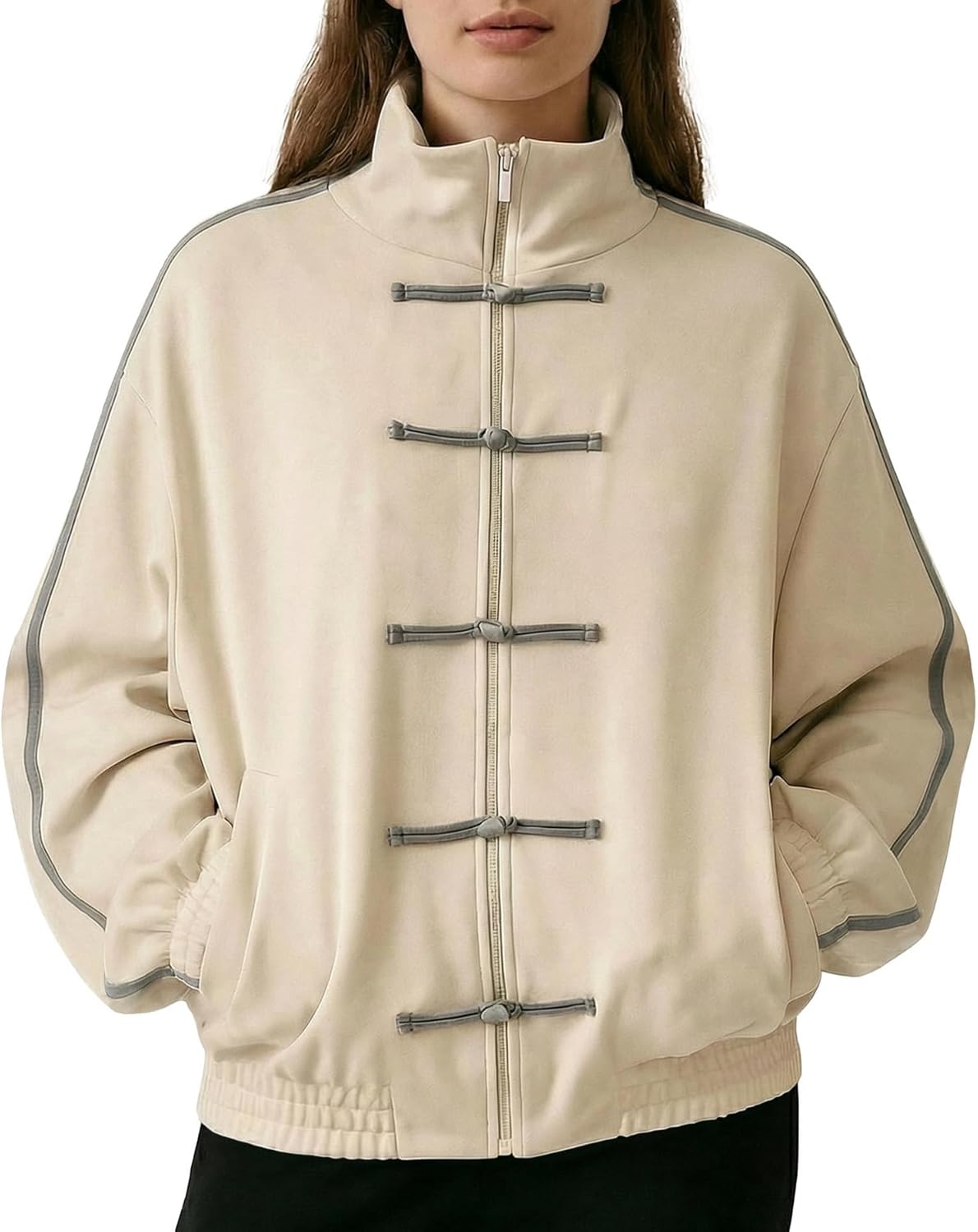 Women Faux Suede Jacket Chinese Style Coat Casual Zip Up Jackets Comfy Stand Collar Outerwear Travel Vacation Outfits