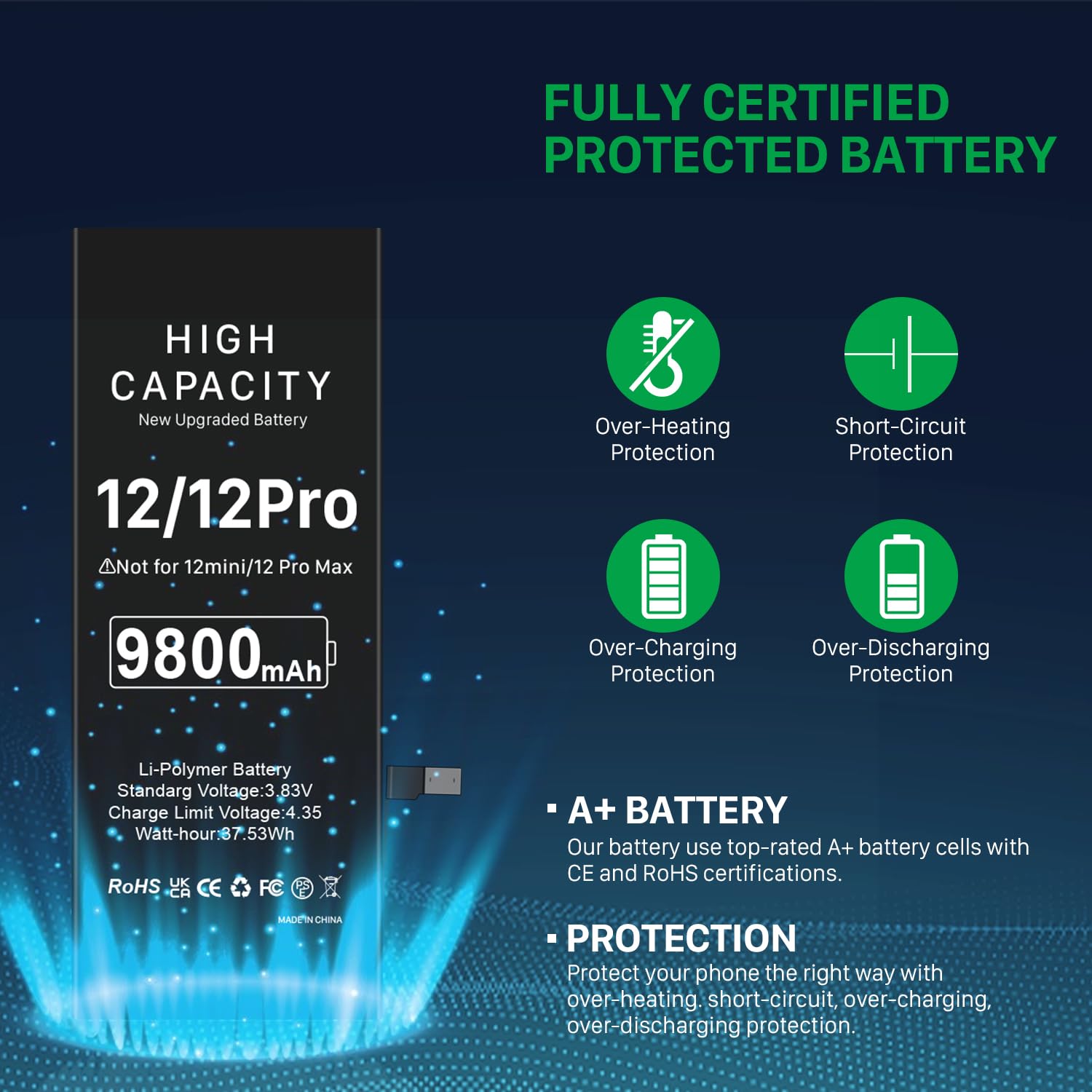 [9800mAh] Batterie pour iPhone 12, Haute capacité Remplacement de Batterie pour iPhone 12 et 12 Pro modèles A2172, A2402, A2403, A2404 avec kit d'outils