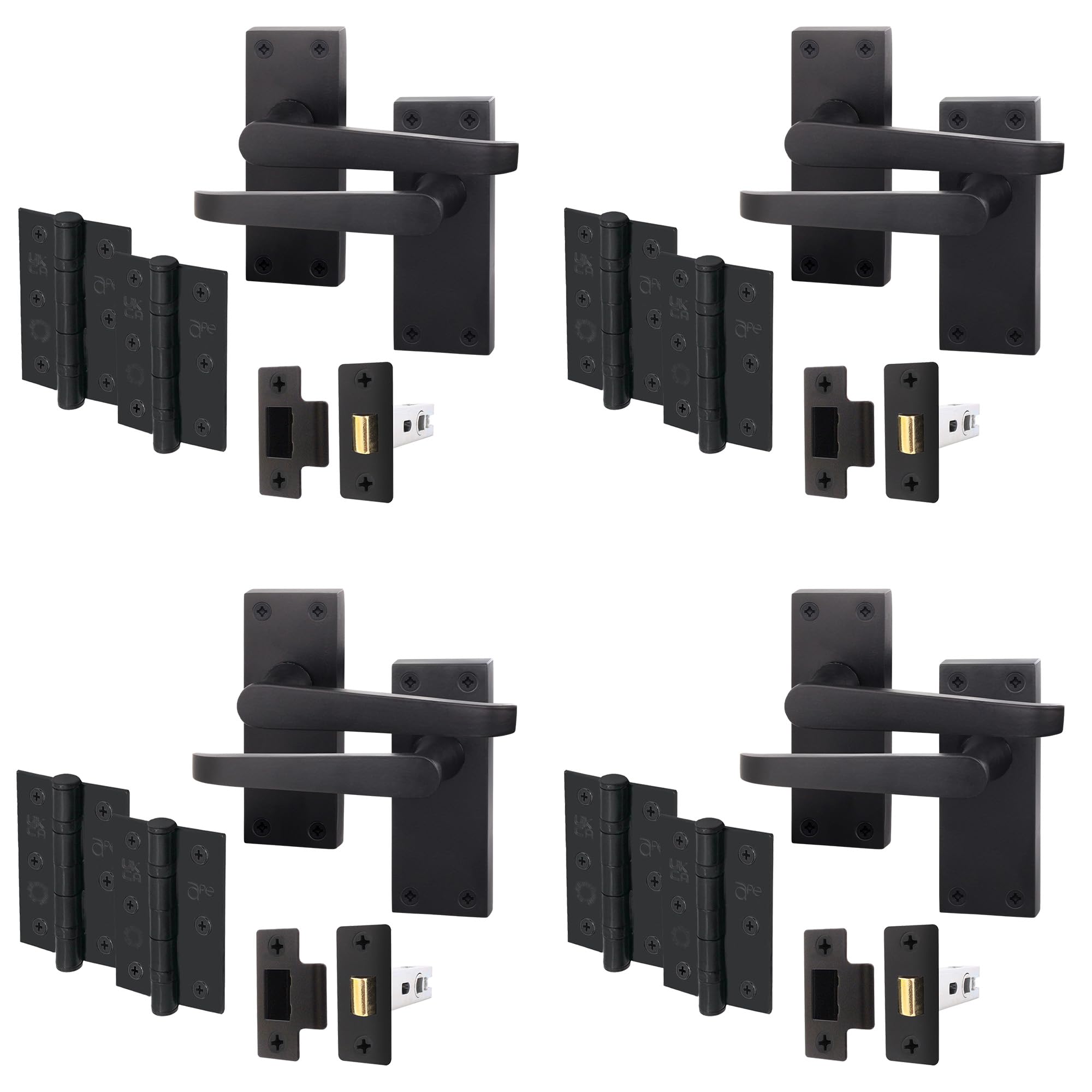EAI Black Door Handle Latch Set | 4 Pairs Internal Handles on Backplate with Latch 64mm & Hinges 76mm | Straight Pattern