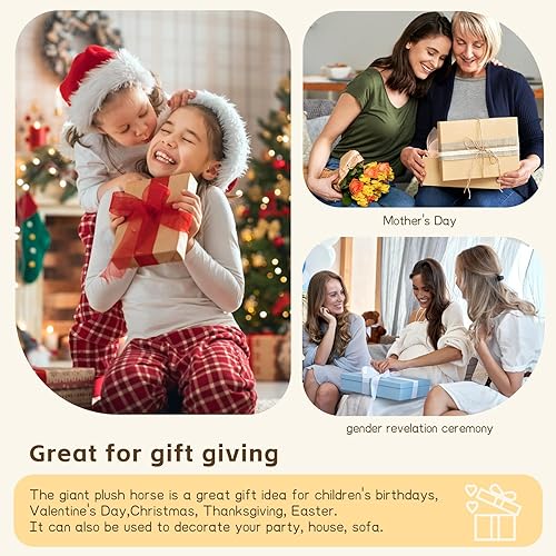 Miniatura 6 de Tezituor Caballo de Peluche Gigante Realista de 47 Pulgadas, Pony de Peluche Suave de 4 Pies para Abrazar, Almohada de Peluche de Caballo Grande,