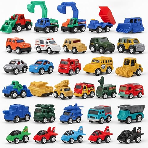 Juego de 36 piezas de juguetes de autos y camiones  Mini vehículos de bolsillo, aviones de combate, construcción, autos de carreras y juguetes