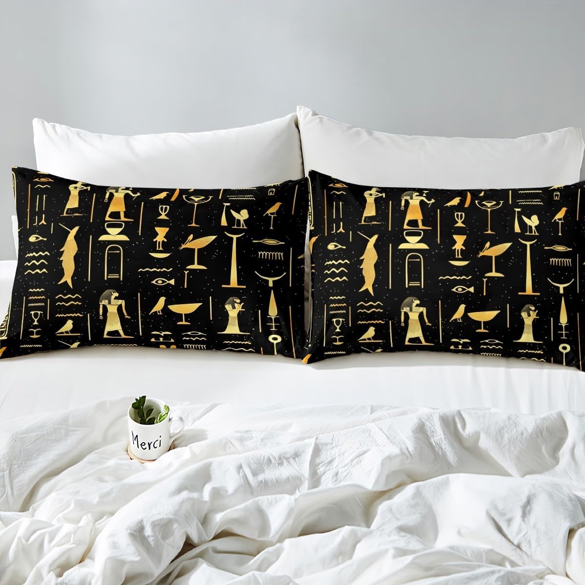 Feelyou Ancient Egypt Comforter Cover Set Egyptian Symbol Duvet Cover Vintage Pharaoh Pyramid Bedding Set Boho Tribal Quilt Cover 2 Pillowcases King Size