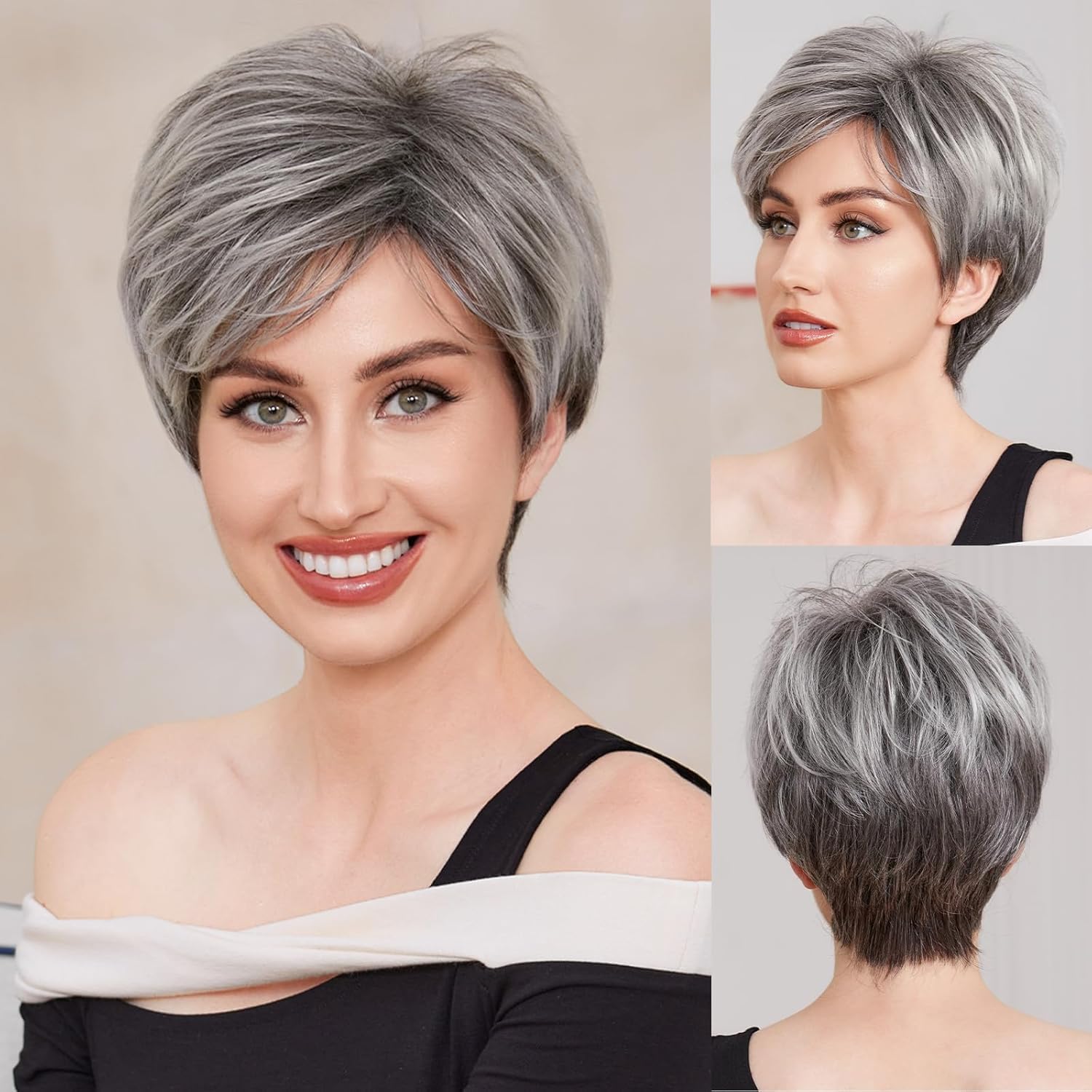 Beweig Womens Short Grey Wig Natural Curly Synthetic Heat Resistant Hair Replacment