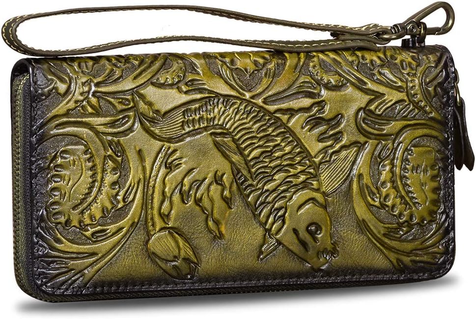 Genuine Leather Wallet Women's Zip Around Wristlet Long Purse Vintage Embossing Cowhide Capacity Handmade Clutch (Green)