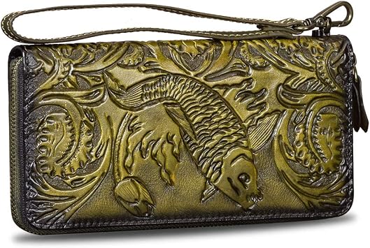 Genuine Leather Wallet Womens Zip Around Wristlet Long Purse Vintage Embossing Cowhide Capacity Handmade Clutch Green