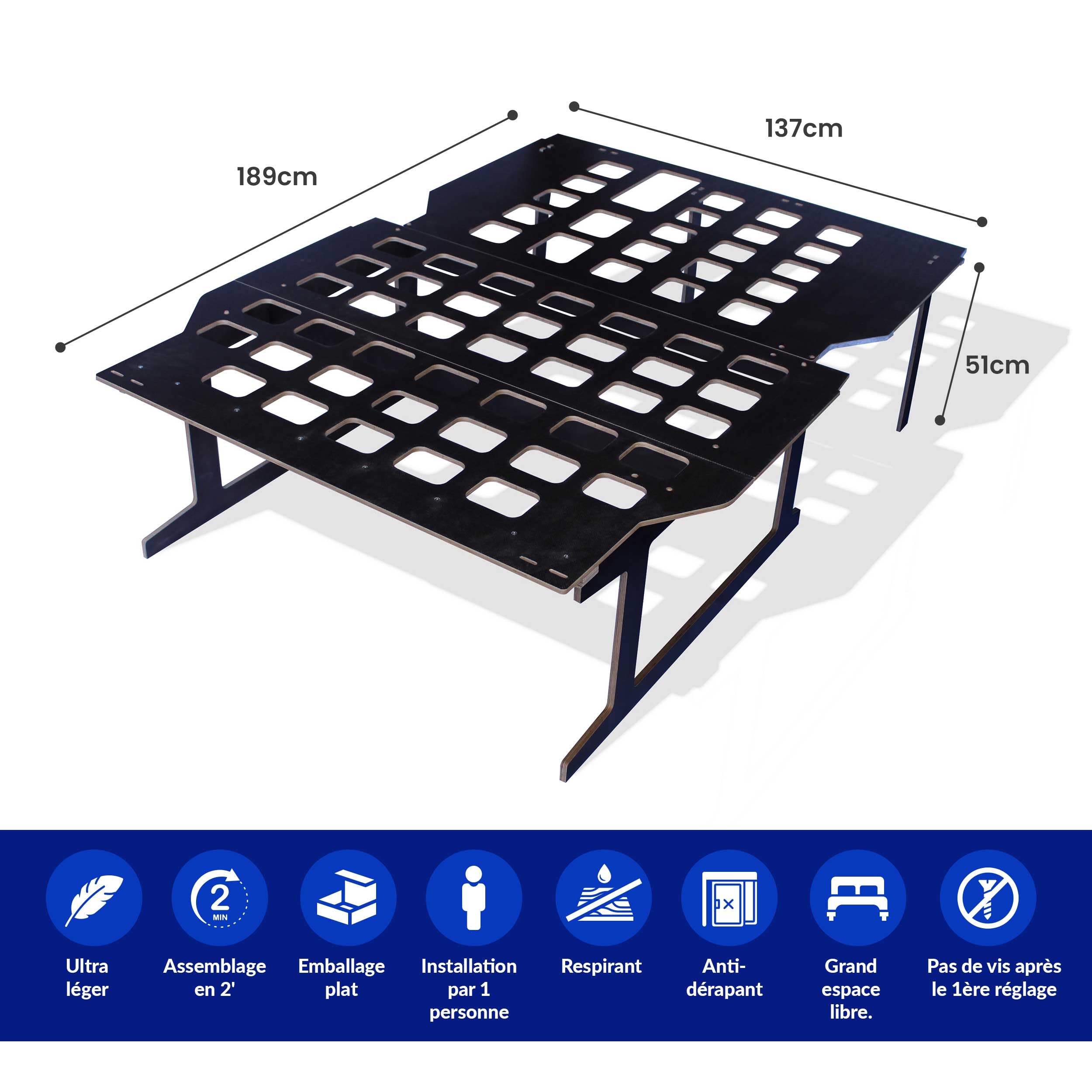 Lit Camper Fourgon – Sommier Pliable Léger pour Fourgon Aménagé, Compatible avec SpaceTourer, Traveller, Zafira Life, ProAce Verso, NV200 et Evalia, Montage Rapide sans Outils, Vanlife