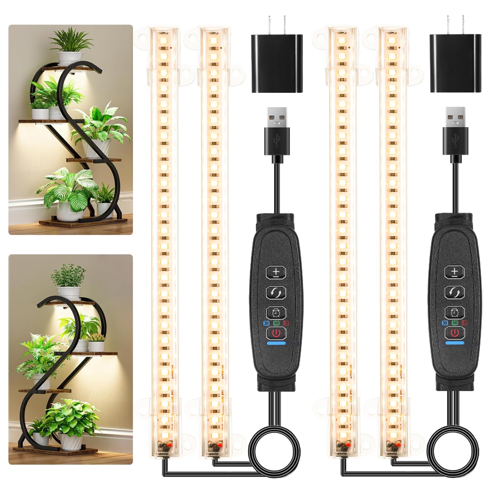 8.6'' Mini Two Strip Growing Lamp for Indoor Plants, 3000K Full Spectrum LED Grow Light Strips with Auto ON/Off 3/9/12H Timer &amp; 10 Dimmable Levels for Green House Succulent (2 Head×2 Pack)